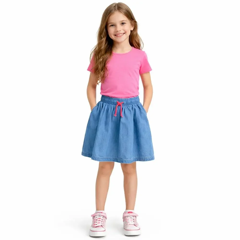Mini Boden Denim Look Circle Skirt Size 12 Years Pockets Pink Tie School Play